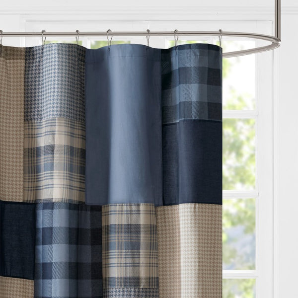 JLA Home Winter Hills Patchwork Cotton Shower Curtain Plaid and Solid Navy Farmhouse Bath WR70-4020