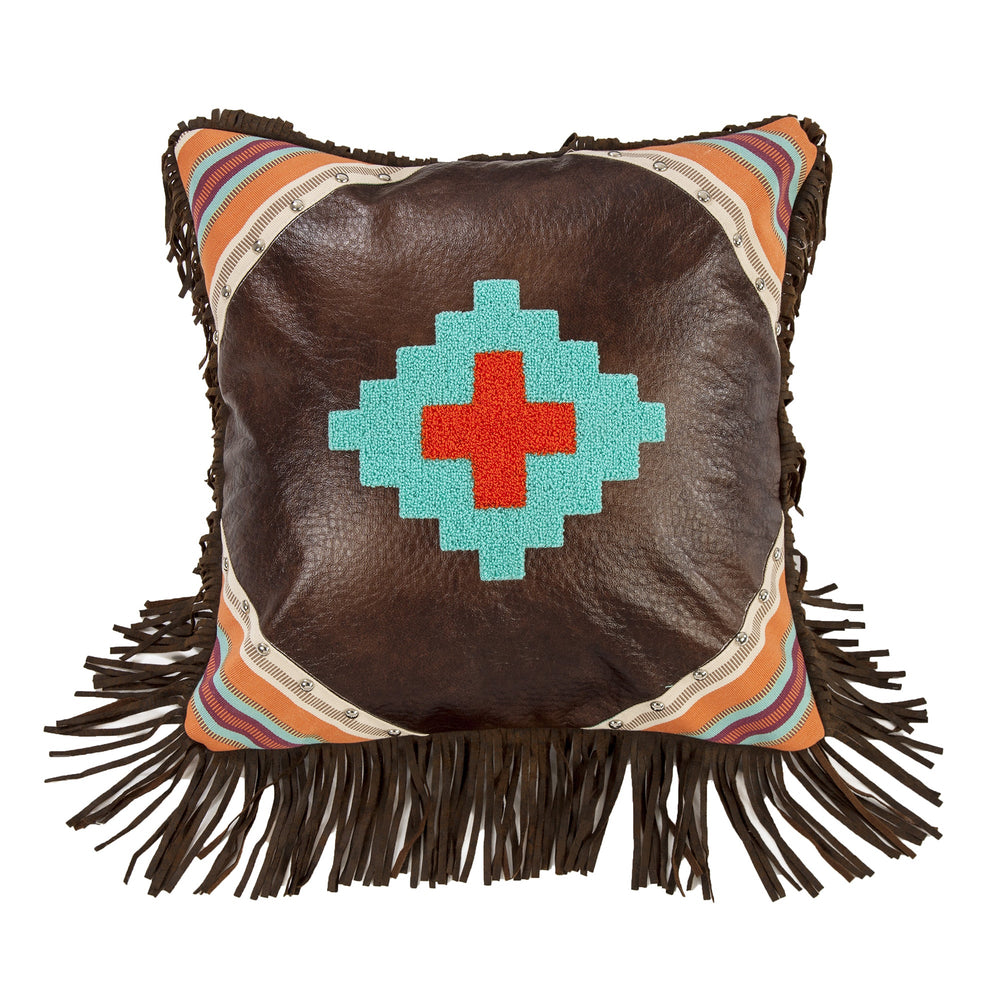 Hiend Accents Serape Faux Leather Throw Pillow With Intricate Aztec Embroidery And Vibrant Southwestern Design Brown,Turquoise  Ws1753p11