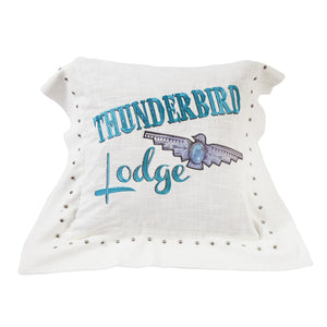 Hiend Accents Turquoise Embroidered Pillow Featuring Iconic Thunderbird Lodge Motif For Stylish Home Décor White,Blue Shell, 100% Polyester,Fill, 100% Waterfowl Feathers Ws1753p3
