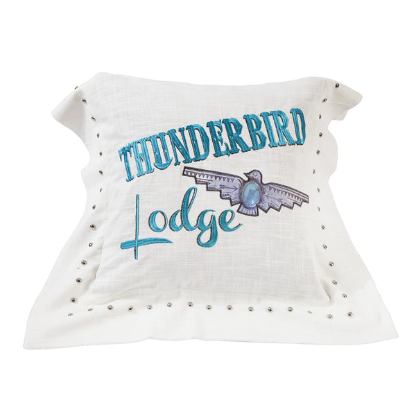 Hiend Accents Turquoise Embroidered Pillow Featuring Iconic Thunderbird Lodge Motif For Stylish Home Décor White,Blue Shell, 100% Polyester,Fill, 100% Waterfowl Feathers Ws1753p3