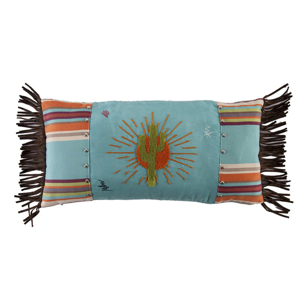 Hiend Accents Serape Sunburst Lumbar Pillow – Vibrant Southwestern Charm With Embroidery And Leather Fringe Turquoise  Ws1753p7