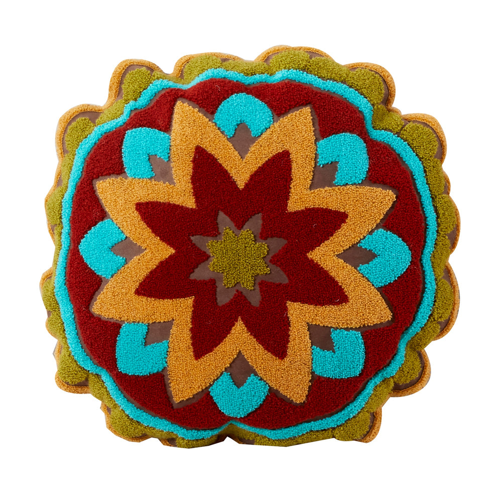 Hiend Accents Tammy Round Throw Pillow With Exquisite Crewel Embroidery For Vibrant Elegance And Comfort Gold,Blue,Red 100% Polyester,Fill, 100% Waterfowl Feathers Ws1919p1