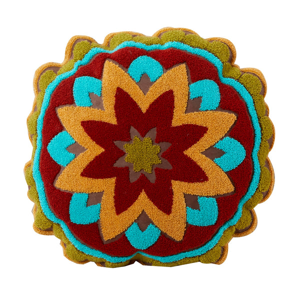 Hiend Accents Tammy Round Throw Pillow With Exquisite Crewel Embroidery For Vibrant Elegance And Comfort Gold,Blue,Red 100% Polyester,Fill, 100% Waterfowl Feathers Ws1919p1