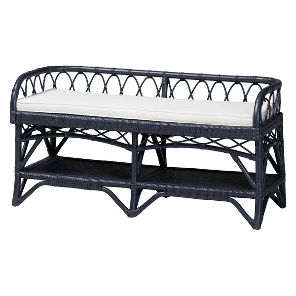Bali & Pari Leryn Handcrafted Rattan Entryway Bench with Open Shelf and Cushioned Seat
