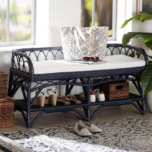 Bali & Pari Leryn Handcrafted Rattan Entryway Bench with Open Shelf and Cushioned Seat