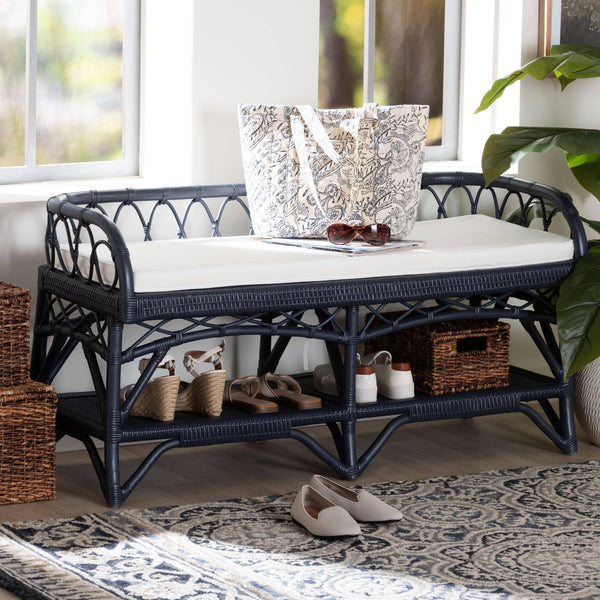 Bali & Pari Leryn Handcrafted Rattan Entryway Bench with Open Shelf and Cushioned Seat