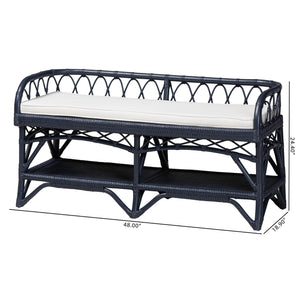 Bali & Pari Leryn Handcrafted Rattan Entryway Bench with Open Shelf and Cushioned Seat