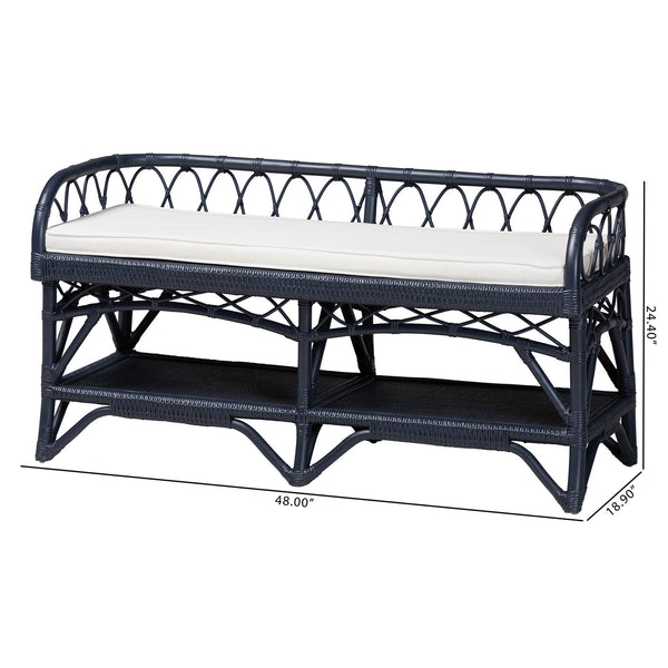 Bali & Pari Leryn Handcrafted Rattan Entryway Bench with Open Shelf and Cushioned Seat