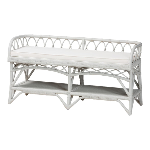 Baxton Studio Bali & Pari Leryn Handcrafted Rattan Entryway Bench with Open Shelf and Cushioned Seat White WS20-Rattan White-Bench
