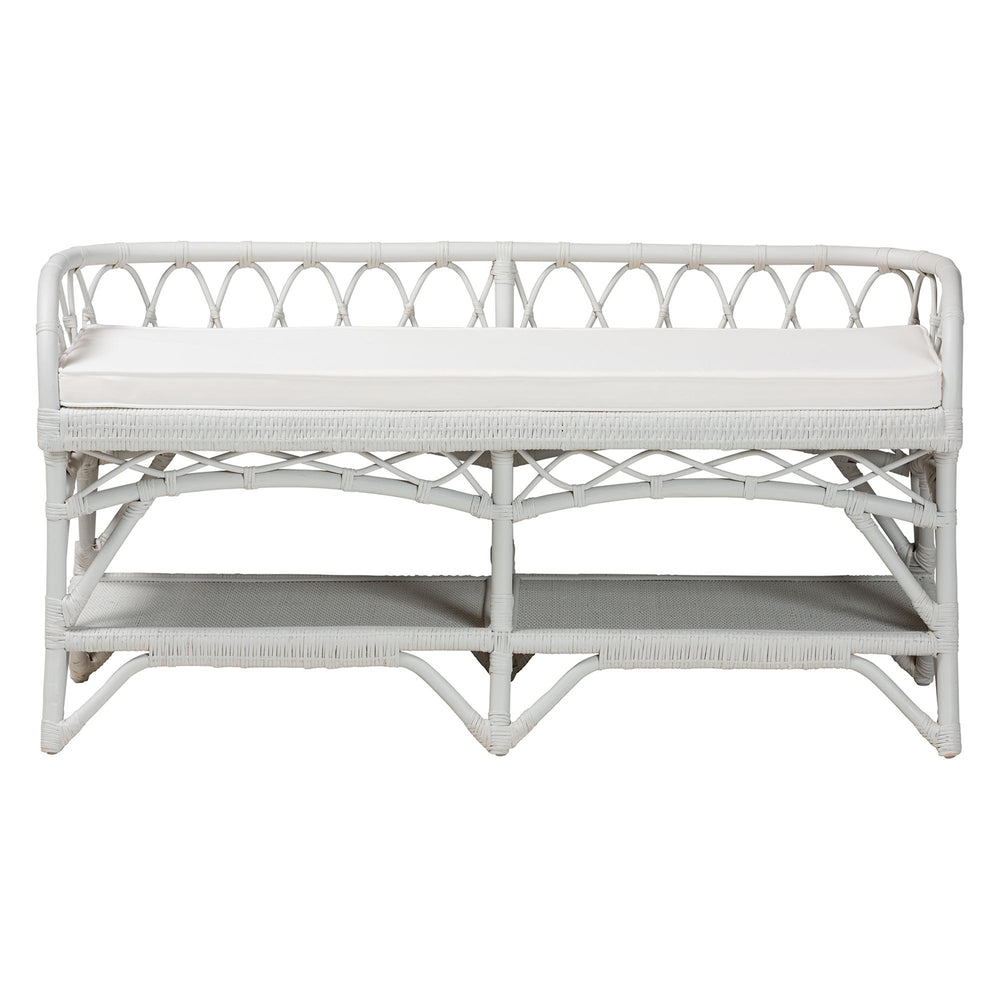 Baxton Studio Bali & Pari Leryn Handcrafted Rattan Entryway Bench with Open Shelf and Cushioned Seat White WS20-Rattan White-Bench