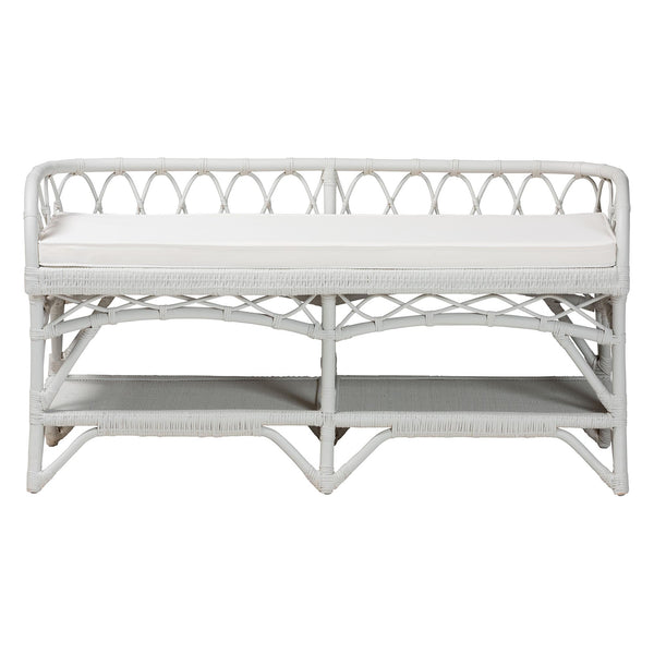 Bali & Pari Leryn Handcrafted Rattan Entryway Bench with Open Shelf and Cushioned Seat