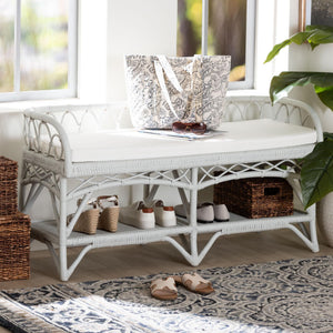 Bali & Pari Leryn Handcrafted Rattan Entryway Bench with Open Shelf and Cushioned Seat