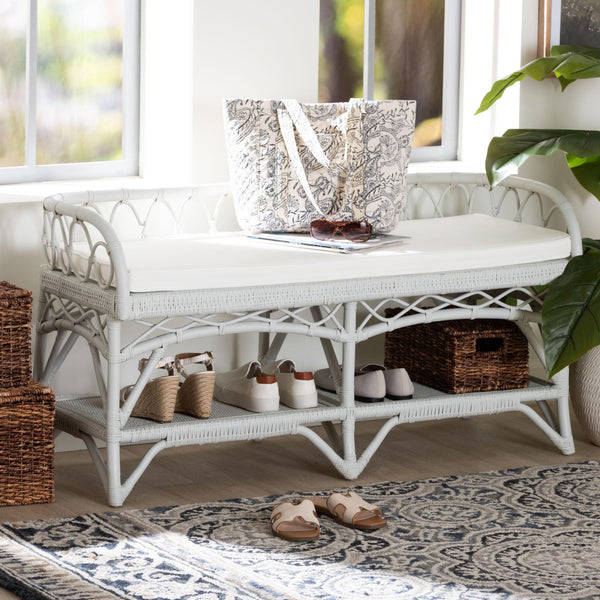 Bali & Pari Leryn Handcrafted Rattan Entryway Bench with Open Shelf and Cushioned Seat