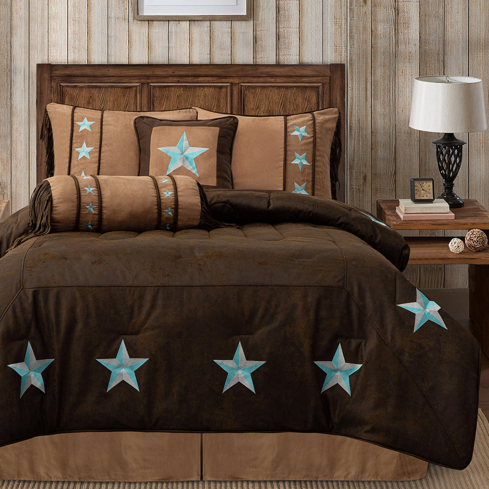 Hiend Accents Laredo Comforter Set - Rustic Elegance With Embroidered Stars And Chic Fringe For Cozy Bedrooms Turquoise,Brown Comforter ,Face, 100% Polyester,Back, 100% Cotton,Fill, 100% Polyester. Bed Skirt ,Skirt, 100% Polyester,Decking, 100% Polyester. Pillow Sham ,100% Polyester. Decorative Pillow ,100% Polyester. Ws2018-sk-tq