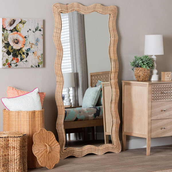 Bali & Pari Hasana Handwoven Rattan Full Length Floor Mirror with Scalloped Boho Frame