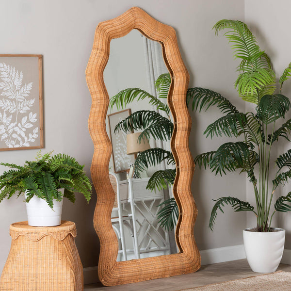 Bali & Pari Daray Handwoven Rattan Full Length Mirror with Scalloped Boho Frame