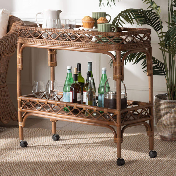 Bali & Pari Fumiyo Handcrafted Rattan Two-tier Kitchen Cart with Caster Wheels