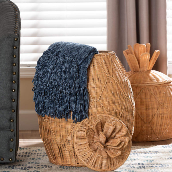 Bali & Pari Pelham Handwoven Rattan Hamper Boho Wicker Storage Basket for Laundry Room Decor