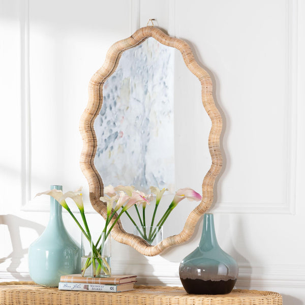 Bali & Pari Rasida Handwoven Scalloped Rattan Wall Mirror for Boho Coastal Home Decor