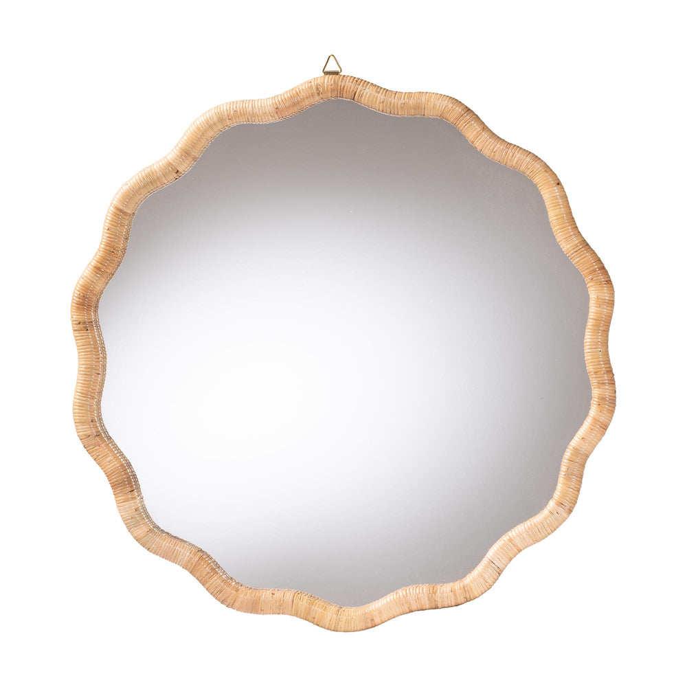 Baxton Studio Bali & Pari Rasida Round Scalloped Rattan Wall Mirror Handwoven Coastal Boho Accent for Living Room WS265-Light Honey Rattan-Boxed-Mirror