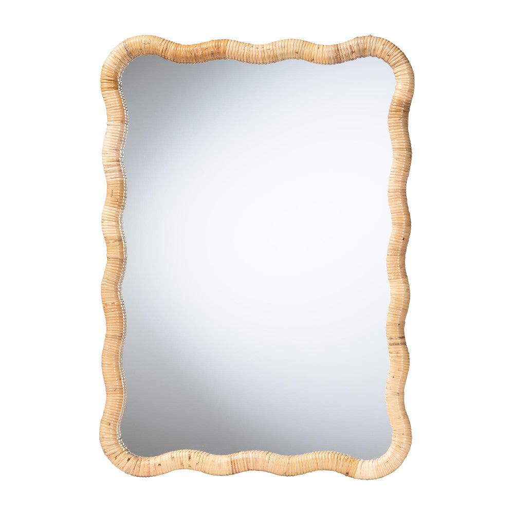 Baxton Studio Bali & Pari Rasida Handwoven Scalloped Rattan Wall Mirror for Boho Coastal Home Decor Rectangle WS266-Light Honey Rattan-Boxed-Mirror