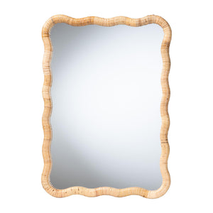 Baxton Studio Bali & Pari Rasida Handwoven Scalloped Rattan Wall Mirror for Boho Coastal Home Decor Rectangle WS266-Light Honey Rattan-Boxed-Mirror