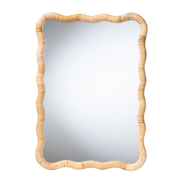 Baxton Studio Bali & Pari Rasida Handwoven Scalloped Rattan Wall Mirror for Boho Coastal Home Decor Rectangle WS266-Light Honey Rattan-Boxed-Mirror