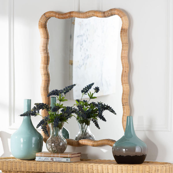 Bali & Pari Rasida Handwoven Scalloped Rattan Wall Mirror for Boho Coastal Home Decor