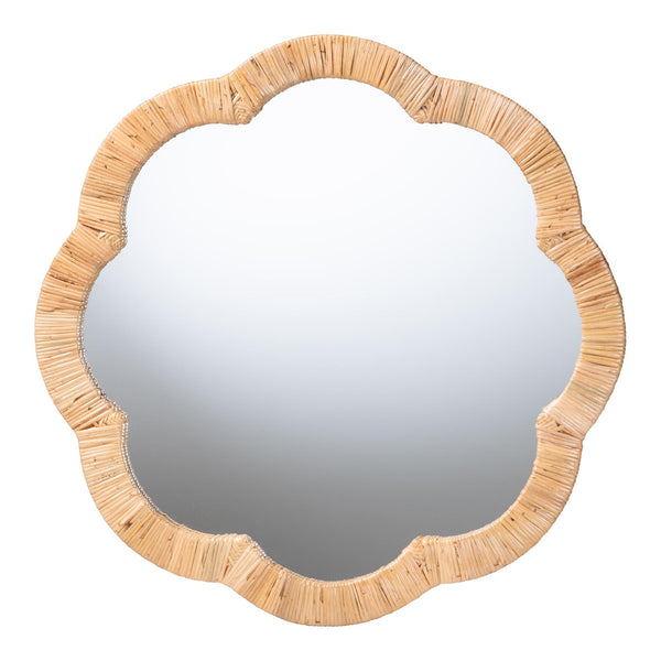 Baxton Studio Bali & Pari Akuna Handwoven Rattan Round Wall Mirror with Scalloped Boho Frame WS279-Honey Ada-Boxed-Mirror