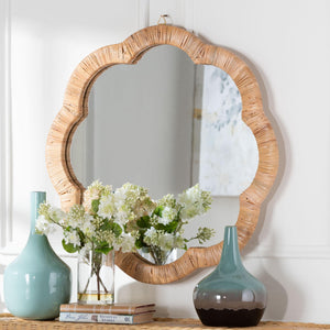 Bali & Pari Akuna Handwoven Rattan Round Wall Mirror with Scalloped Boho Frame