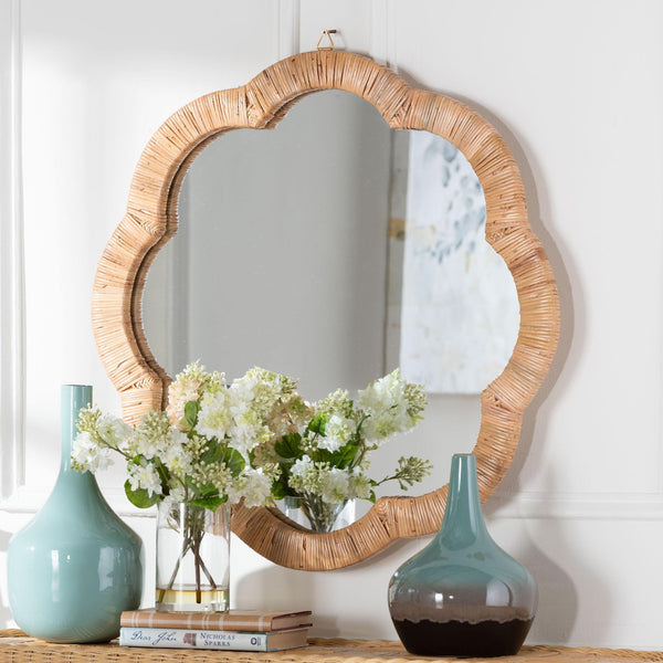 Bali & Pari Akuna Handwoven Rattan Round Wall Mirror with Scalloped Boho Frame