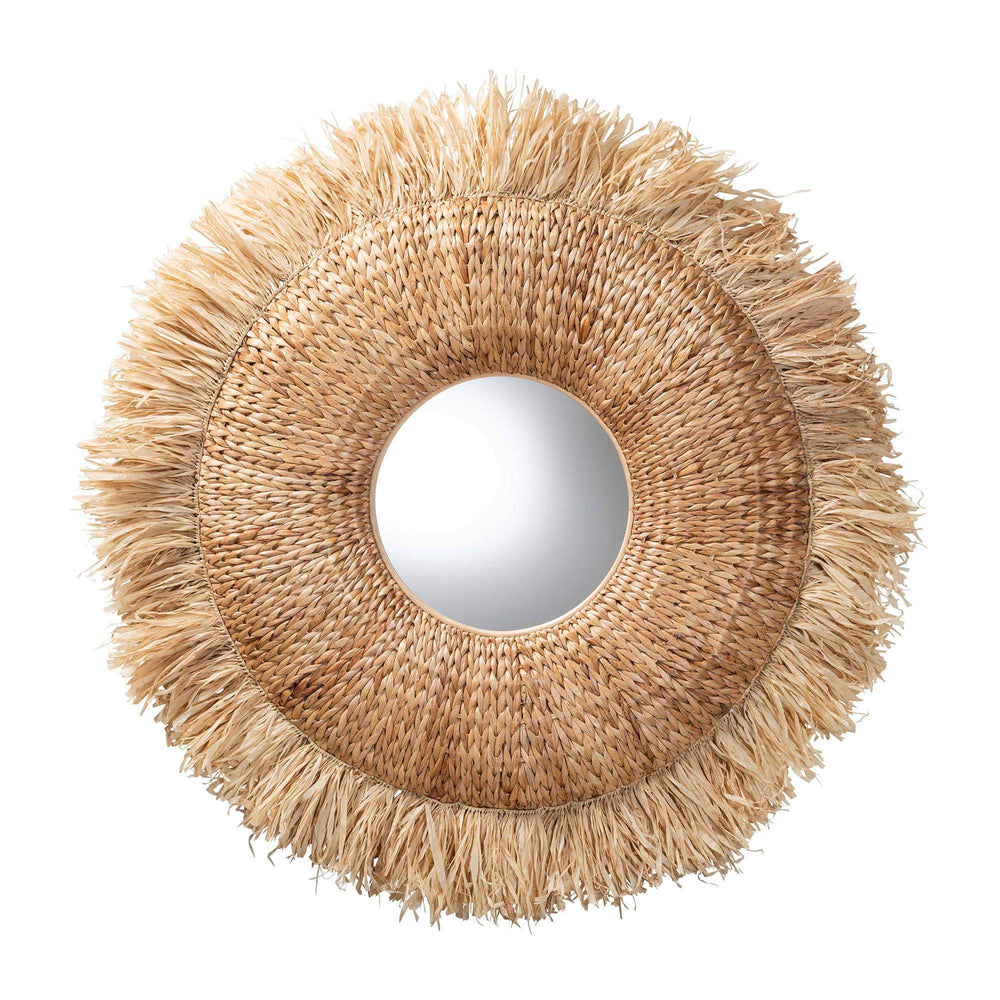 Baxton Studio Bali & Pari Ashra Handwoven Seagrass Round Wall Mirror with Artisan Rattan Fringe WS281-90cm-Natural-Boxed-Mirror