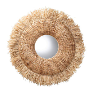 Baxton Studio Bali & Pari Ashra Handwoven Seagrass Round Wall Mirror with Artisan Rattan Fringe WS281-90cm-Natural-Boxed-Mirror