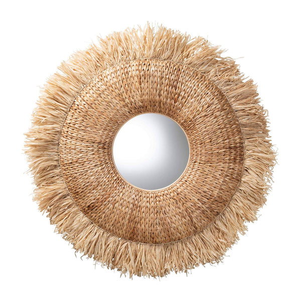 Baxton Studio Bali & Pari Ashra Handwoven Seagrass Round Wall Mirror with Artisan Rattan Fringe WS281-90cm-Natural-Boxed-Mirror