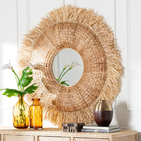 Bali & Pari Ashra Handwoven Seagrass Round Wall Mirror with Artisan Rattan Fringe