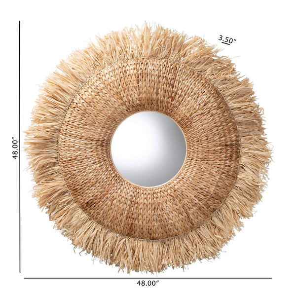 Bali & Pari Ashra Handwoven Seagrass Round Wall Mirror with Artisan Rattan Fringe