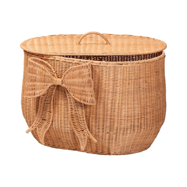 Bali & Pari Creusa Handcrafted Rattan Laundry Basket Boho Bow Accent Wide Storage