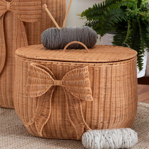 Bali & Pari Creusa Handcrafted Rattan Laundry Basket Boho Bow Accent Wide Storage