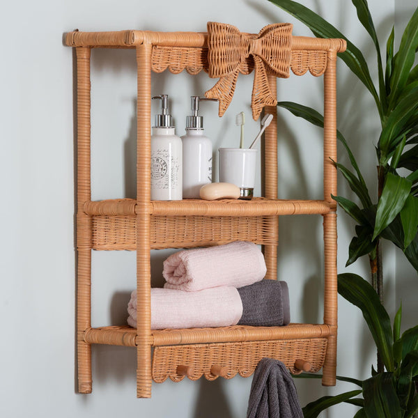 Bali & Pari Creusa Handcrafted Rattan Two Tier Wall Shelf with Woven Bow Accent