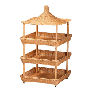 Baxton Studio Bali & Pari Asante Handwoven Rattan Pagoda Shelf Three Open Tiers Boho Living WS289-Honey Ada Rattan-Shelf