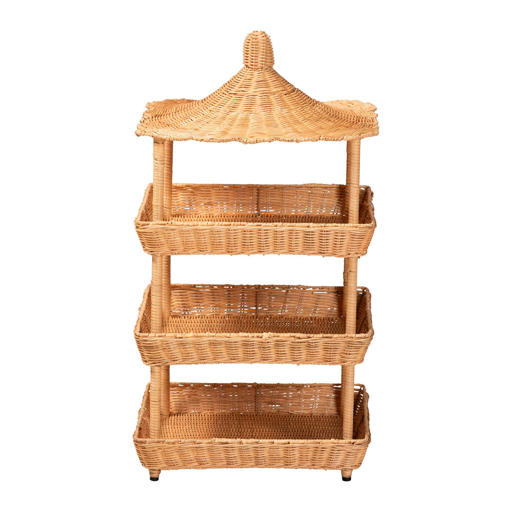 Baxton Studio Bali & Pari Asante Handwoven Rattan Pagoda Shelf Three Open Tiers Boho Living WS289-Honey Ada Rattan-Shelf