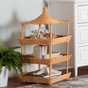 Bali & Pari Asante Handwoven Rattan Pagoda Shelf Three Open Tiers Boho Living