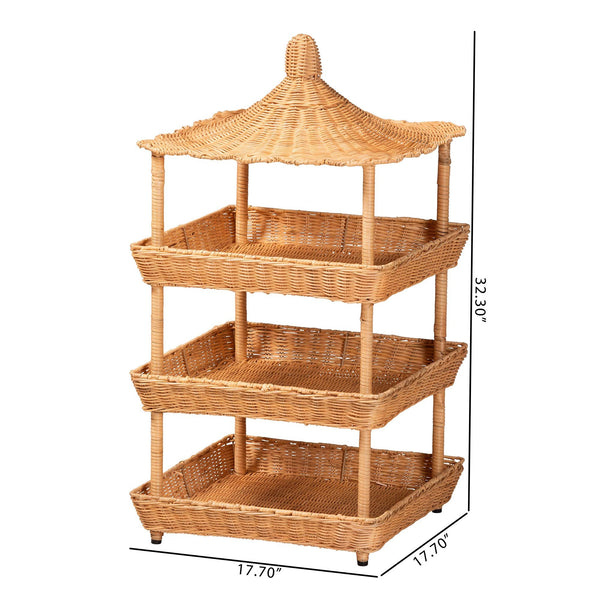 Bali & Pari Asante Handwoven Rattan Pagoda Shelf Three Open Tiers Boho Living