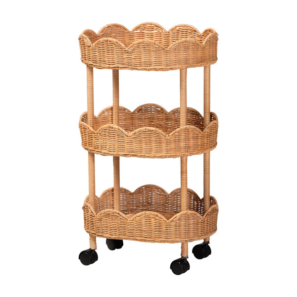 Baxton Studio Bali & Pari Bulana Handcrafted Rattan Rolling Cart with Three Scalloped Shelves WS290-Honey Ada Rattan-Shelf