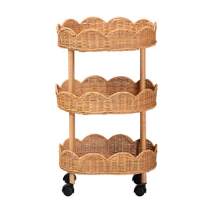 Bali & Pari Bulana Handcrafted Rattan Rolling Cart with Three Scalloped Shelves