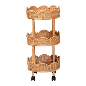 Bali & Pari Bulana Handcrafted Rattan Rolling Cart with Three Scalloped Shelves