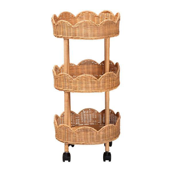 Bali & Pari Bulana Handcrafted Rattan Rolling Cart with Three Scalloped Shelves