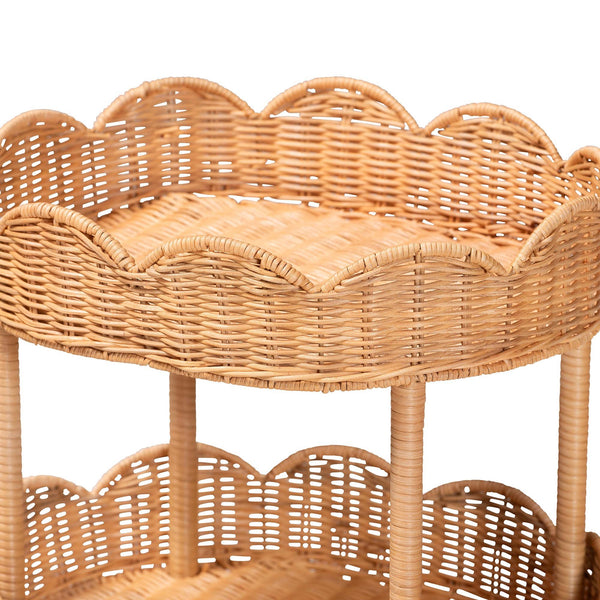 Bali & Pari Bulana Handcrafted Rattan Rolling Cart with Three Scalloped Shelves