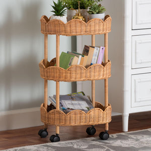 Bali & Pari Bulana Handcrafted Rattan Rolling Cart with Three Scalloped Shelves