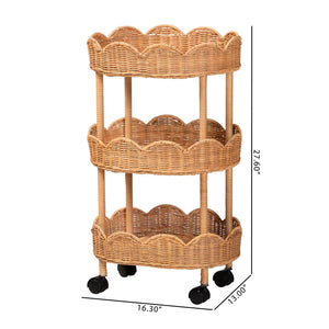 Bali & Pari Bulana Handcrafted Rattan Rolling Cart with Three Scalloped Shelves